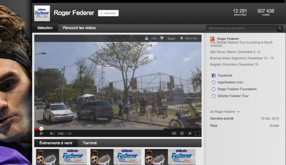 Page d'accueil de la chaine Youtube de Roger Federer