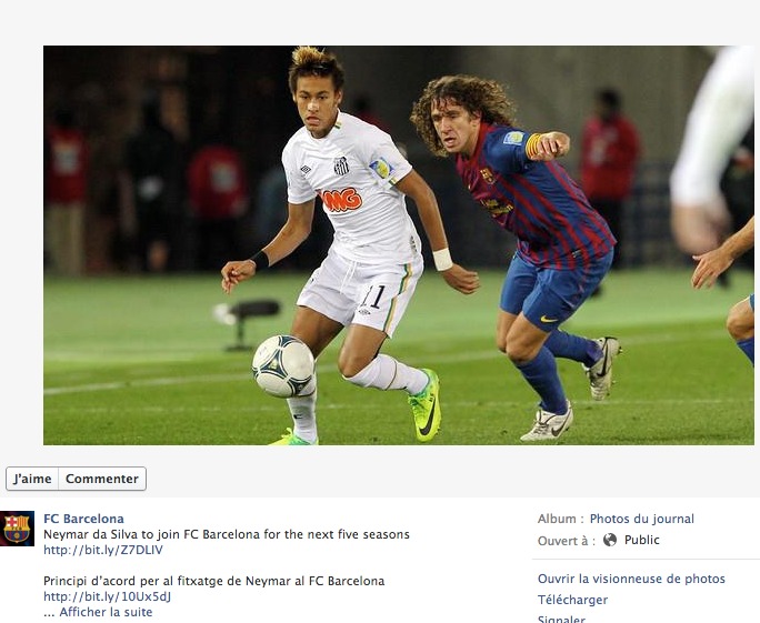 Publication du FC Barcelone sur sa page Facebook pour annoncer le transfert de Neymar