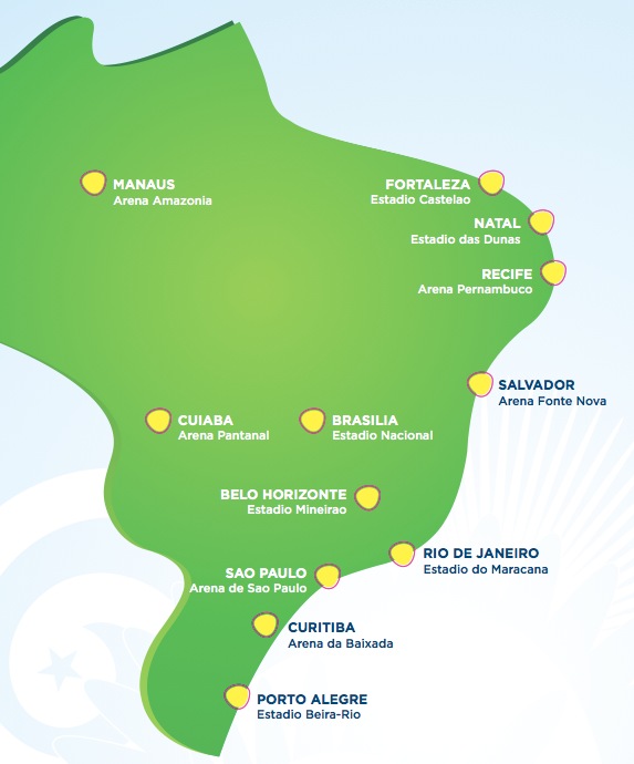 Carte des stades brésiliens qui accueilleront la Coupe du Monde 2014