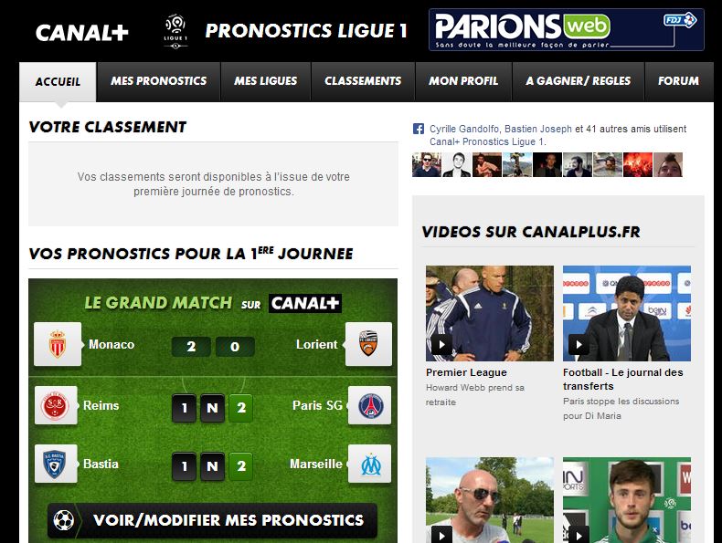 Tableau de bord de l'application Facebook Canal+ Pronostics Ligue 1