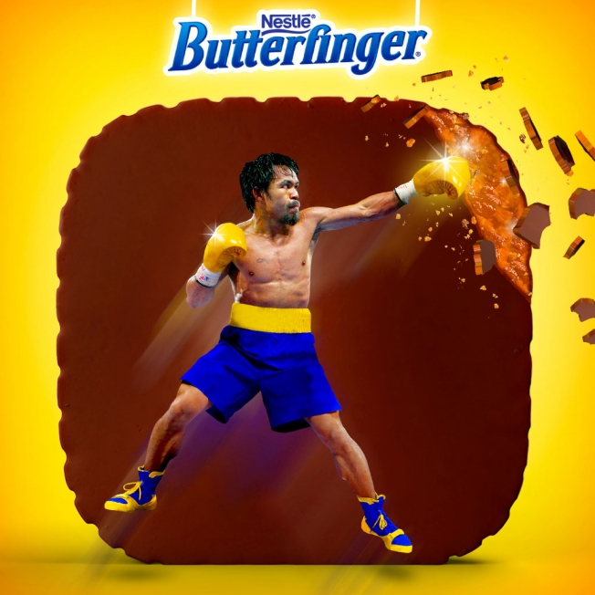 Manny Pacquiao boxe pour la marque de biscuits chocolatés Butterfinger