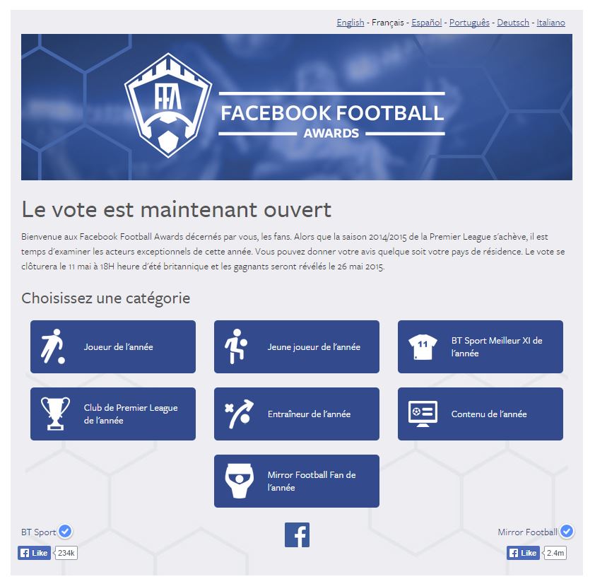 Voilà à quoi ressemble l'interface des Facebook Football Awards