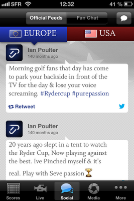 L'onglet Social dans l'application de la Ryder Cup 2012
