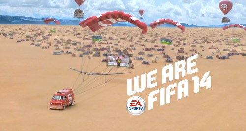 Publicité Fifa 14 : Lionel Messi en pilote de van dans le désert avec Gareth Bale et Drake